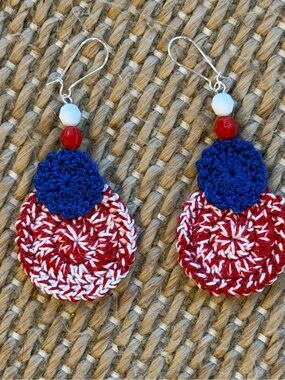 Hand Crafted Red, White & Blue Crochet Dangle Earrings